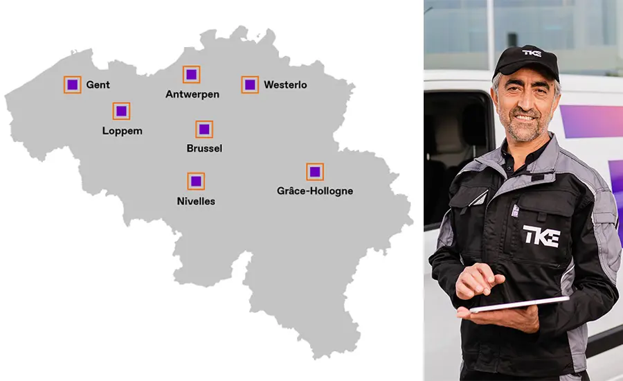 
Une carte des agences TKE et un technicien de service
