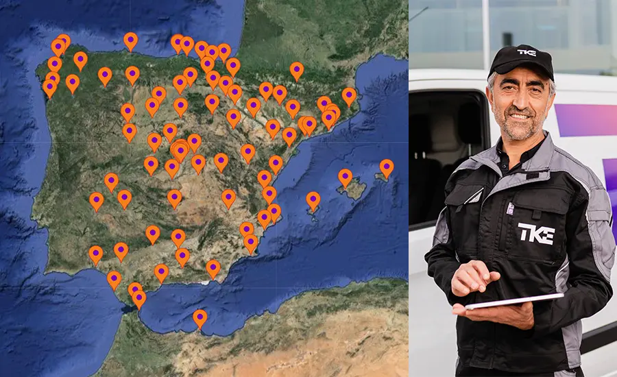 
Un MAPA de las delegaciones de TKE en España y un técnico de mantenimiento
